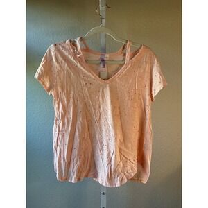 Alya Womens Peach Distressed Cutout V Neck Short Sleeve Top SI've Small